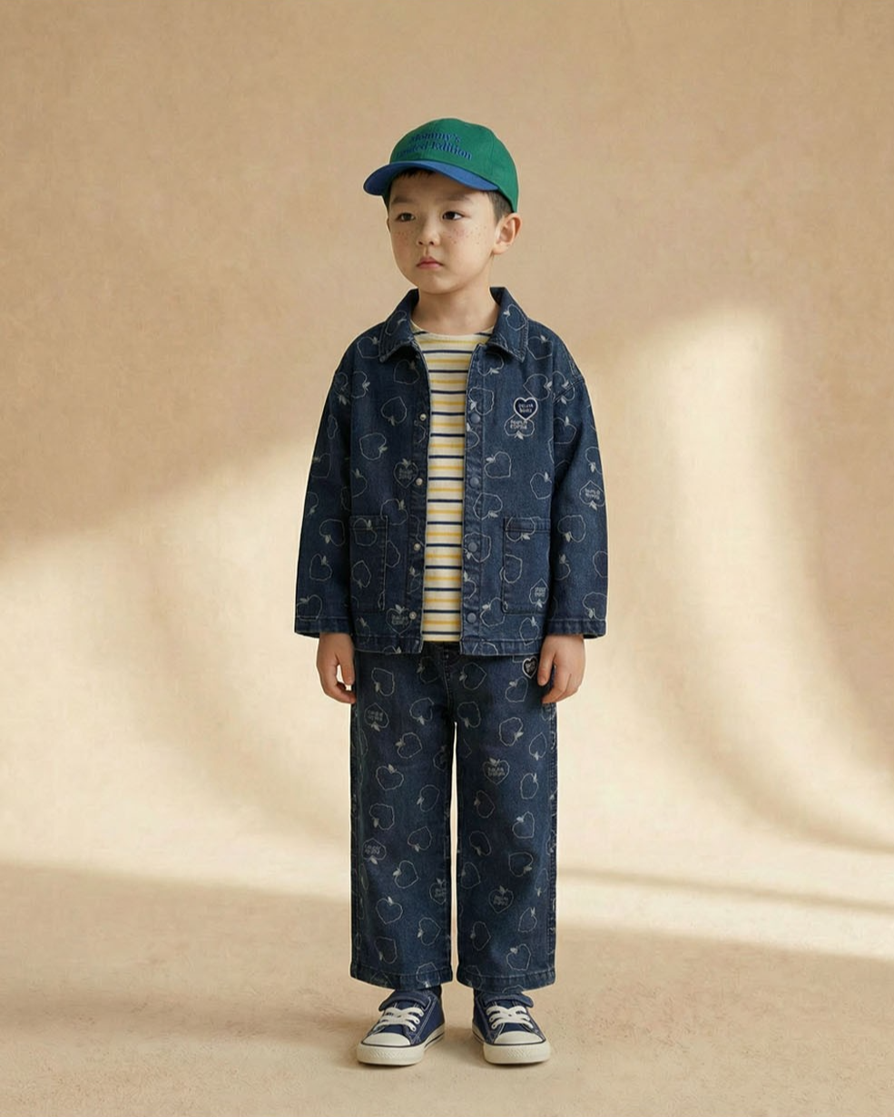 Blue Bubble Apple Pattern Denim Jacket