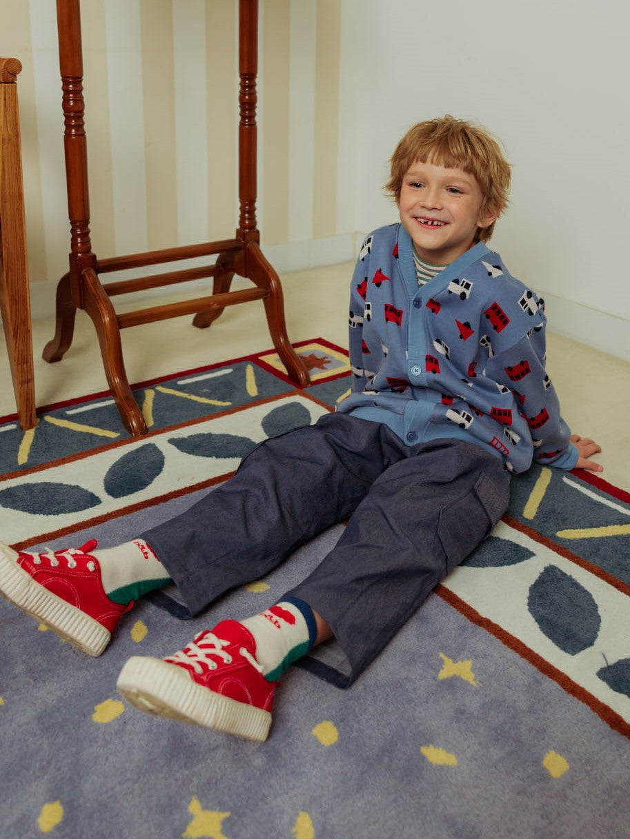Light Blue Bus and Truck Pattern Knit Cardigan