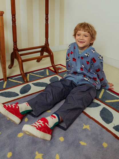 Light Blue Bus and Truck Pattern Knit Cardigan