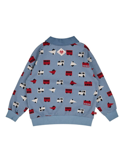 Light Blue Bus and Truck Pattern Collar Knit Sweater