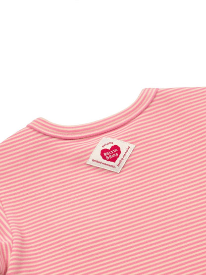 [BABY SET] Pink Stripe Brushed Jumpsuit & Bib & Bonnet