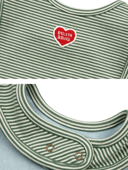 [BABY SET] Green Stripe Brushed Jumpsuit & Bib & Bonnet