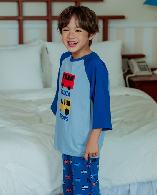 Blue Bus and Truck Color Block Raglan Mid Sleeve