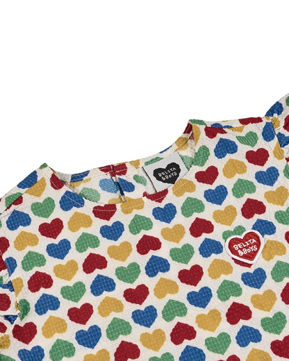 [GIRL SET] Cream Rainbow Heart Polysucker Blouse & Shorts