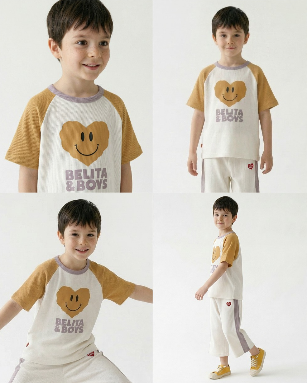 Cream Smile Heart Color Block Waffle Short Sleeve