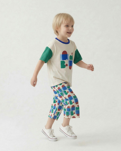 [SET] Cream BB Figure Color Block Pattern Crop