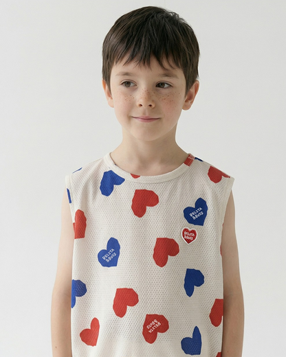 [SET] Ivory Red Blue Heart Pattern Mesh Sleeveless Crop