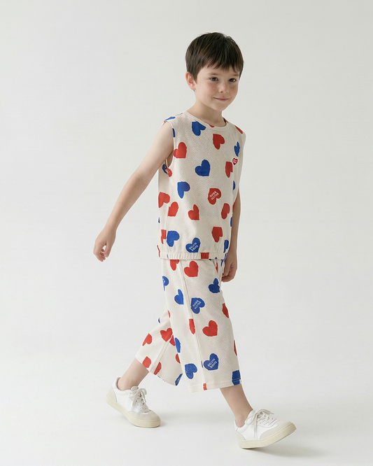 [SET] Ivory Red Blue Heart Pattern Mesh Sleeveless Crop
