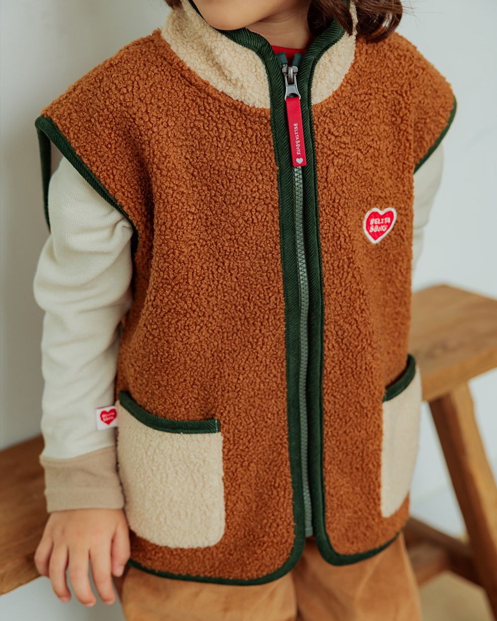 Brown BB Heart Color Block Dumble Fleece Vest