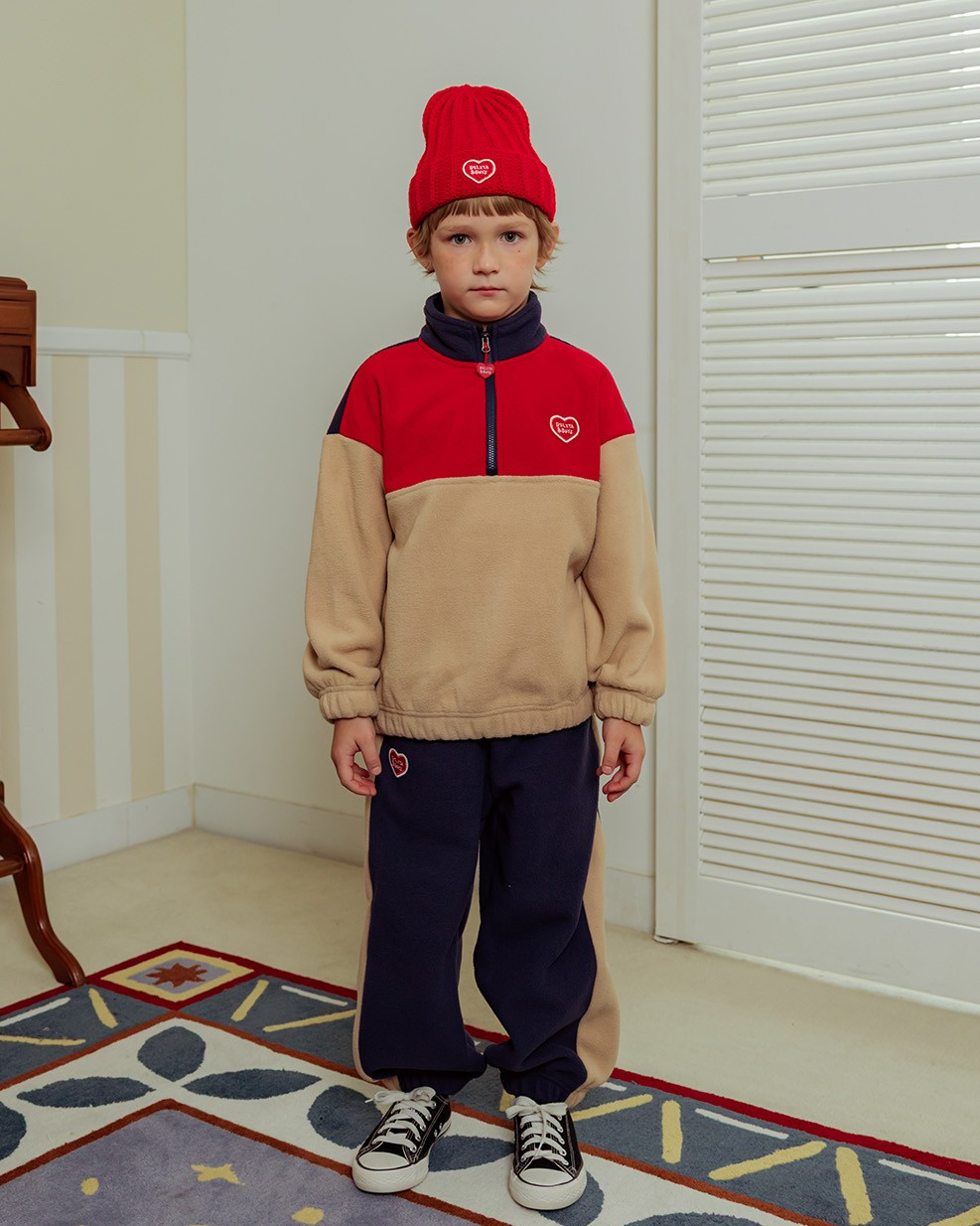 [SET] Beige BB Heart Color Block Fleece Half Zip up Jogger