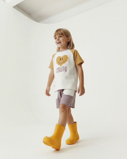 Cream Smile Heart Color Block Waffle Short Sleeve