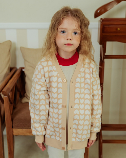 Beige Grid BB Heart Pattern Knit Cardigan