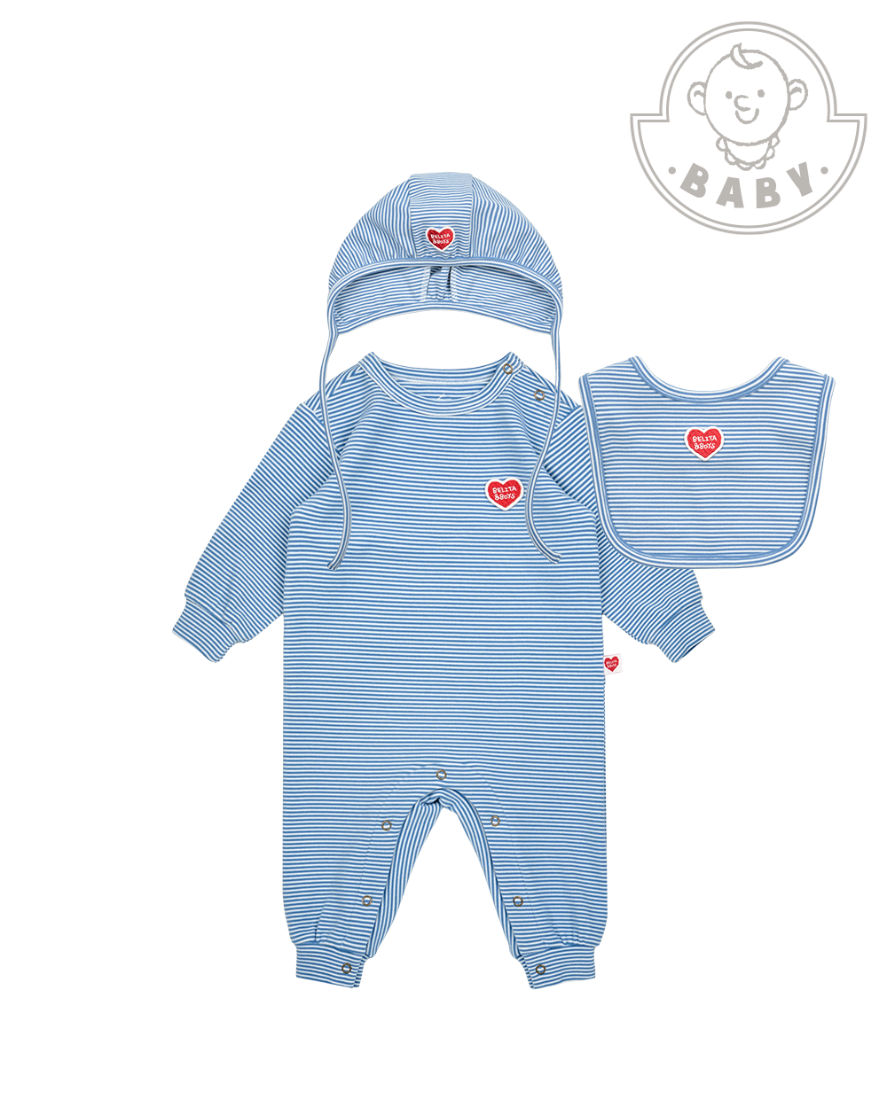 [BABY SET] Blue Stripe Brushed Jumpsuit & Bib & Bonnet