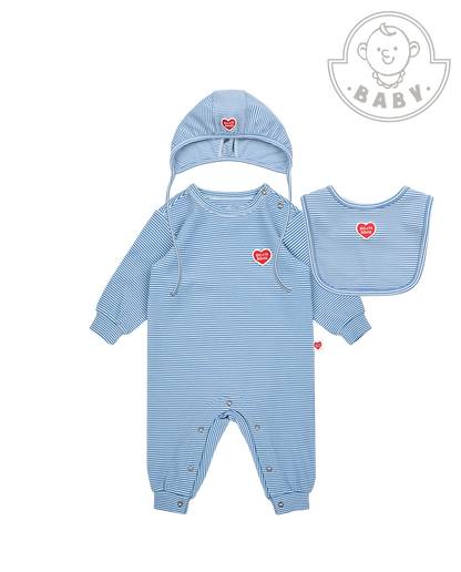 [BABY SET] Blue Stripe Brushed Jumpsuit & Bib & Bonnet