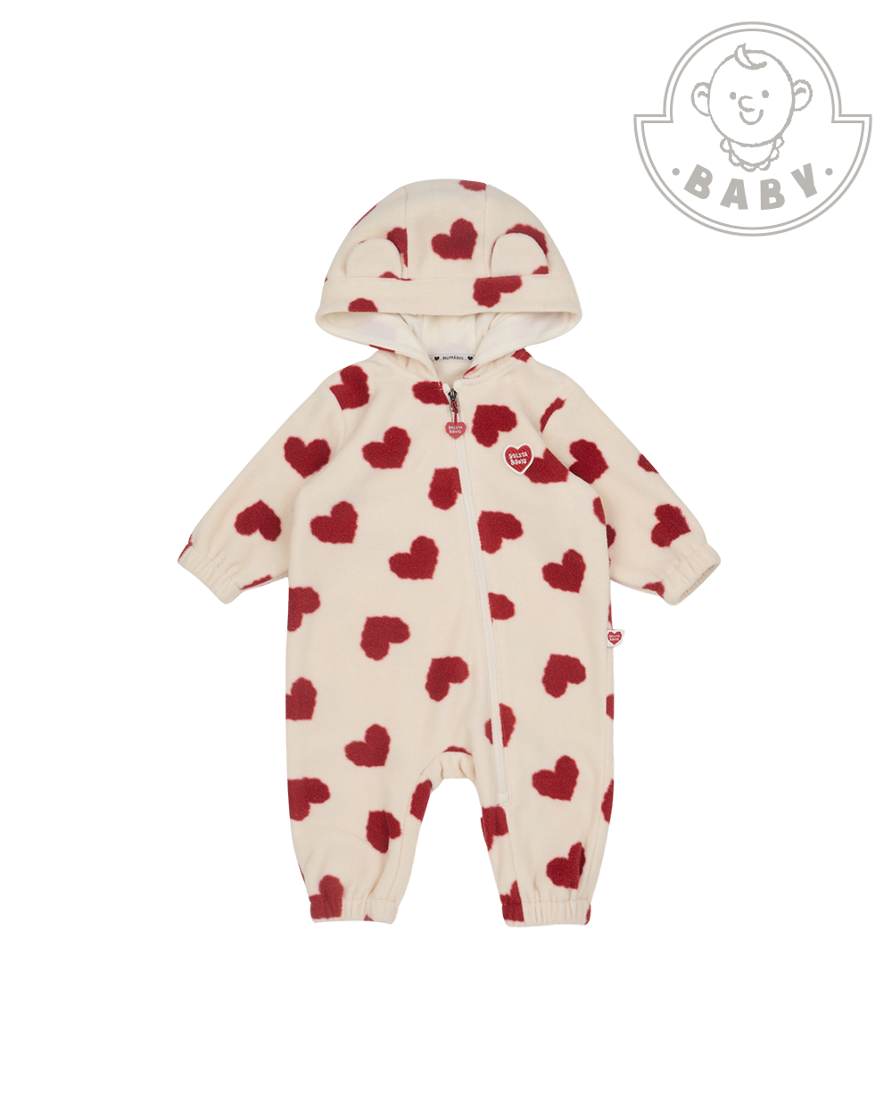 BABY Red BB Heart Pattern Fleece Hooded Jumpsuit