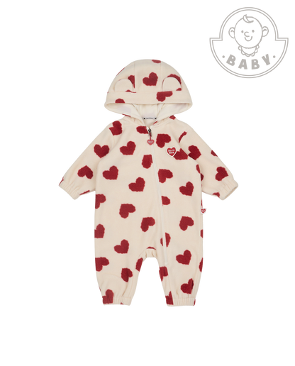 BABY Red BB Heart Pattern Fleece Hooded Jumpsuit