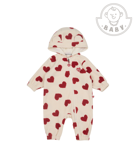 BABY Red BB Heart Pattern Fleece Hooded Jumpsuit