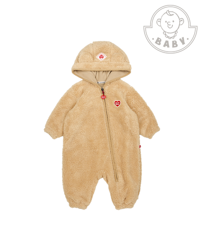 BABY Beige Bear Fur Hooded Jumpsuit