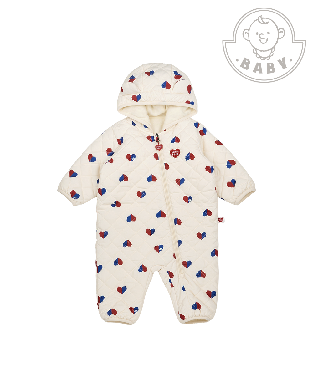 BABY Cream Red Blue Heart Quilted Hooded Jumpsuit