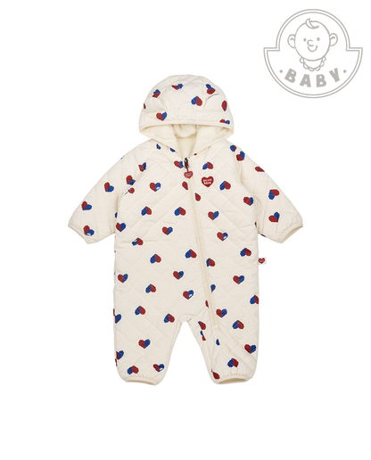 BABY Cream Red Blue Heart Quilted Hooded Jumpsuit