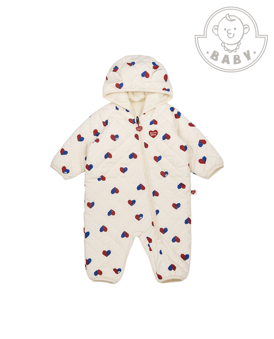 BABY Cream Red Blue Heart Quilted Hooded Jumpsuit