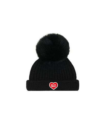Black BB Heart Pompom Beanie