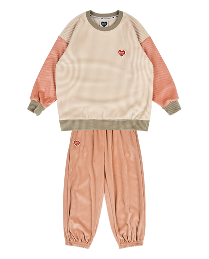 [SET] Beige BB Heart Color Block Velour Jogger