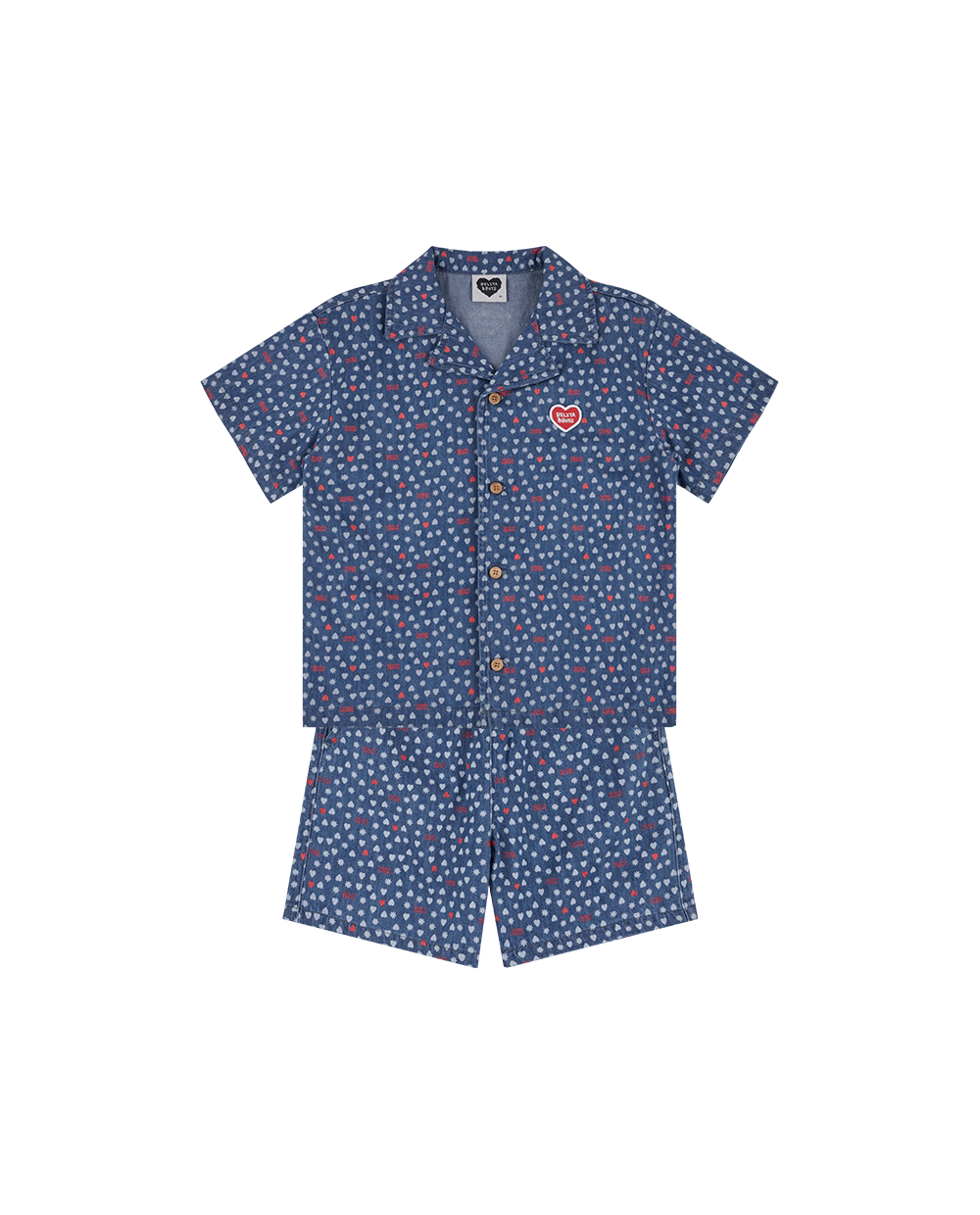 [SET] Blue BB Heart All-Over Denim Shirt & Shorts