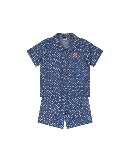 [SET] Blue BB Heart All-Over Denim Shirt & Shorts