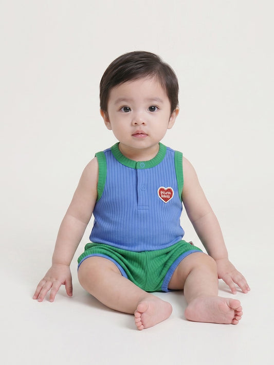 [BABY SET] Blue BB Heart Two-Tone Sleeveless One Mile