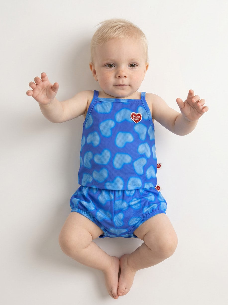 [BABY SET] Blue Water Dye Heart Pattern Mesh Sleeveless Shorts