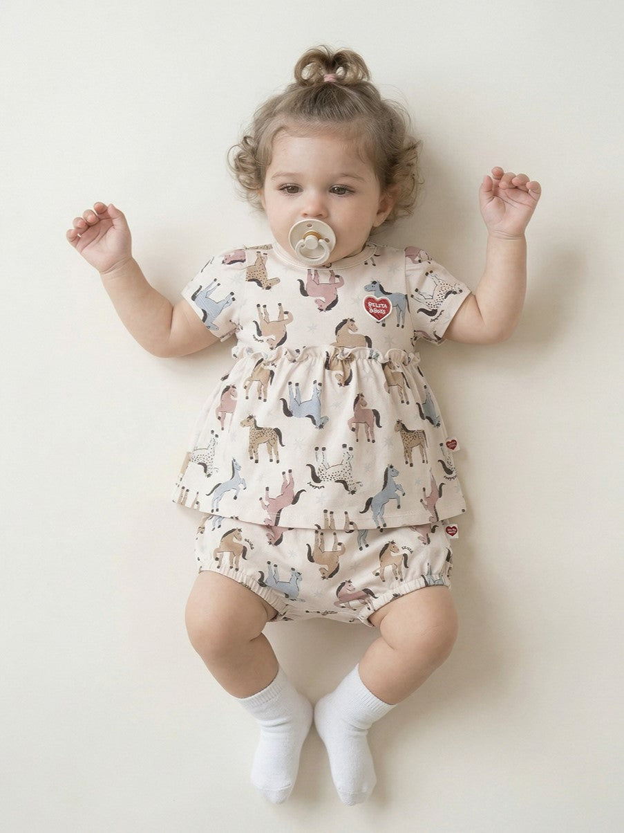 [BABY GIRL SET] Light Pink Horse Pattern Blouse & Shorts