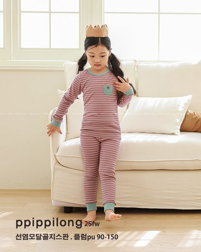 PU 모달 도톰스트라이프 골지스판 9부 상하세트 Purple Stripe Modal Warm Set