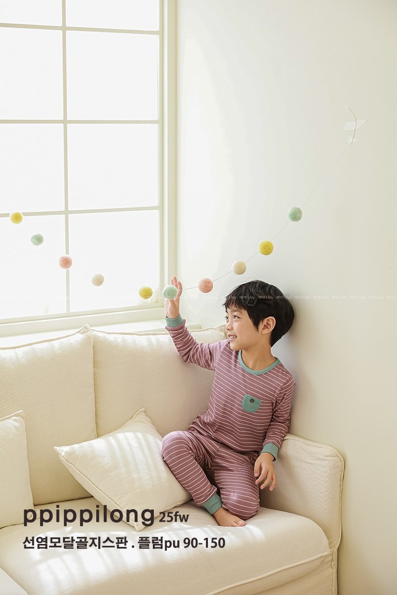 PU 모달 도톰스트라이프 골지스판 9부 상하세트 Purple Stripe Modal Warm Set