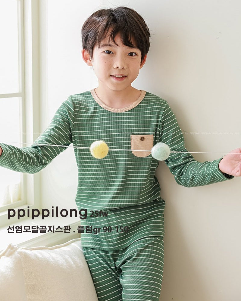 GR 모달 도톰스트라이프 골지스판 9부 상하세트 Green Stripe Modal Warm Set