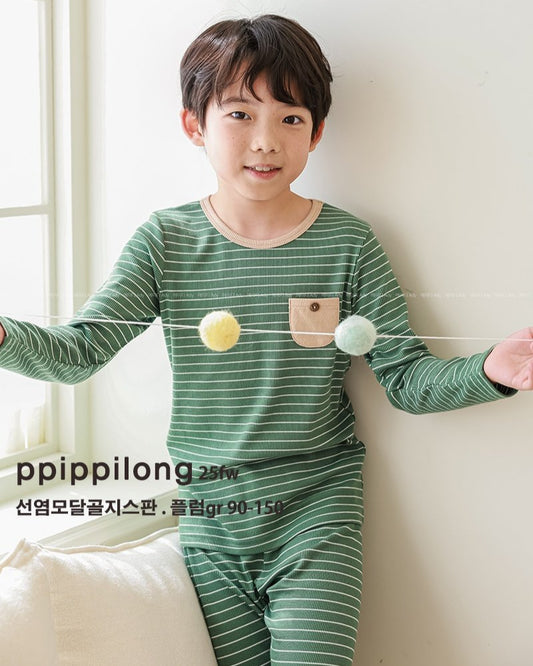 GR 모달 도톰스트라이프 골지스판 9부 상하세트 Green Stripe Modal Warm Set