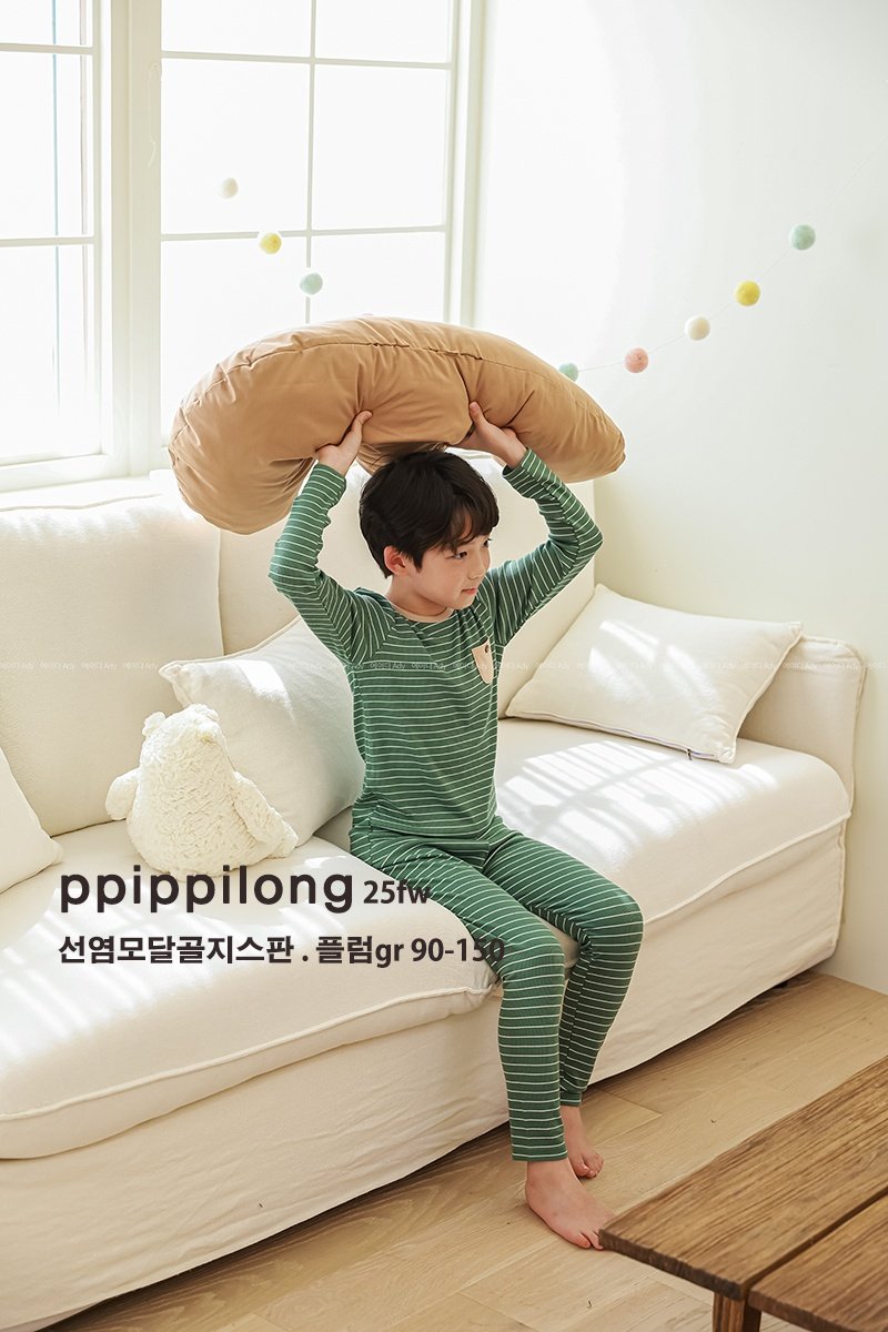 GR 모달 도톰스트라이프 골지스판 9부 상하세트 Green Stripe Modal Warm Set