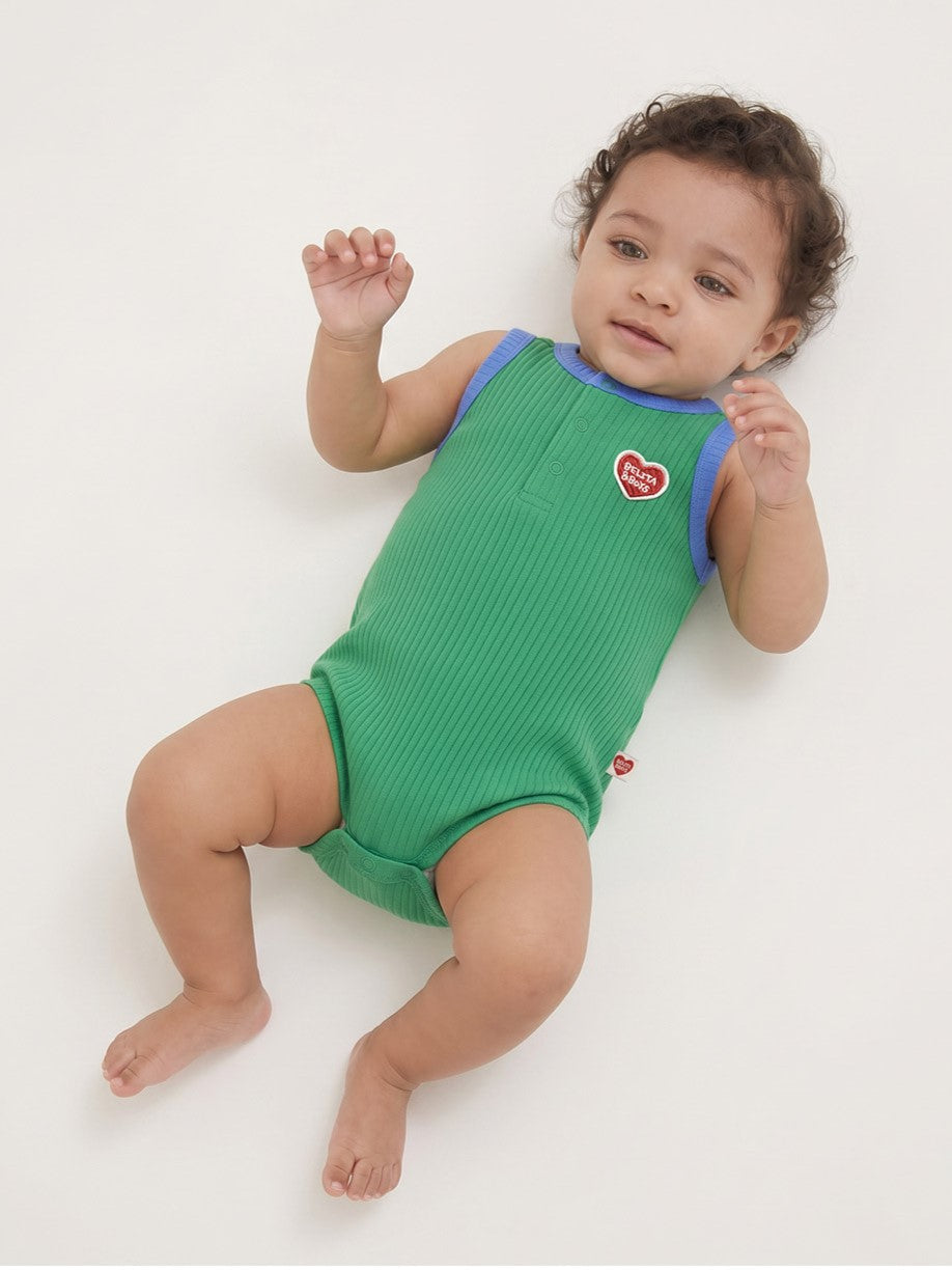 [BABY SET] Green BB Heart Two-Tone Sleeveless Bodysuit