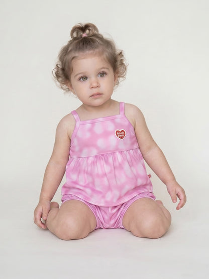 [BABY SET] Pink Water Dye Heart Pattern Mesh Sleeveless Shorts