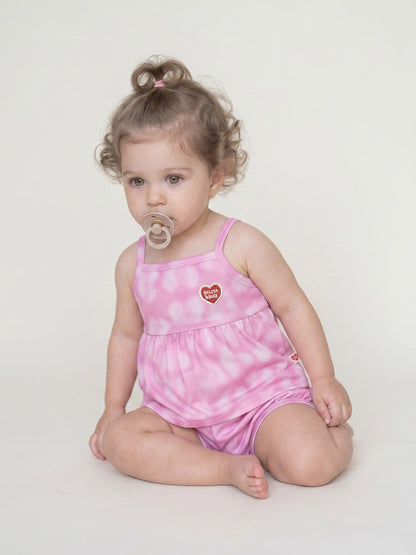 [BABY SET] Pink Water Dye Heart Pattern Mesh Sleeveless Shorts