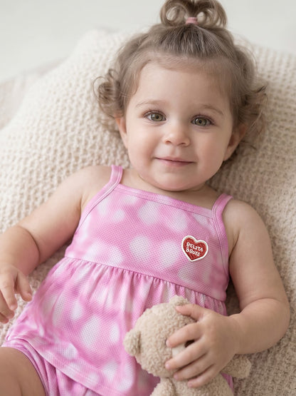 [BABY SET] Pink Water Dye Heart Pattern Mesh Sleeveless Shorts