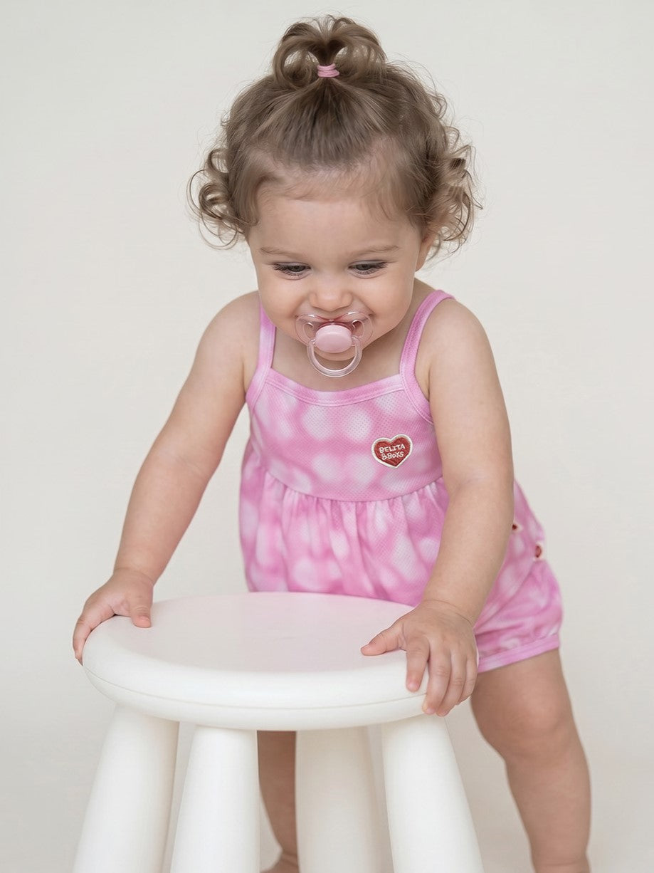 [BABY SET] Pink Water Dye Heart Pattern Mesh Sleeveless Shorts