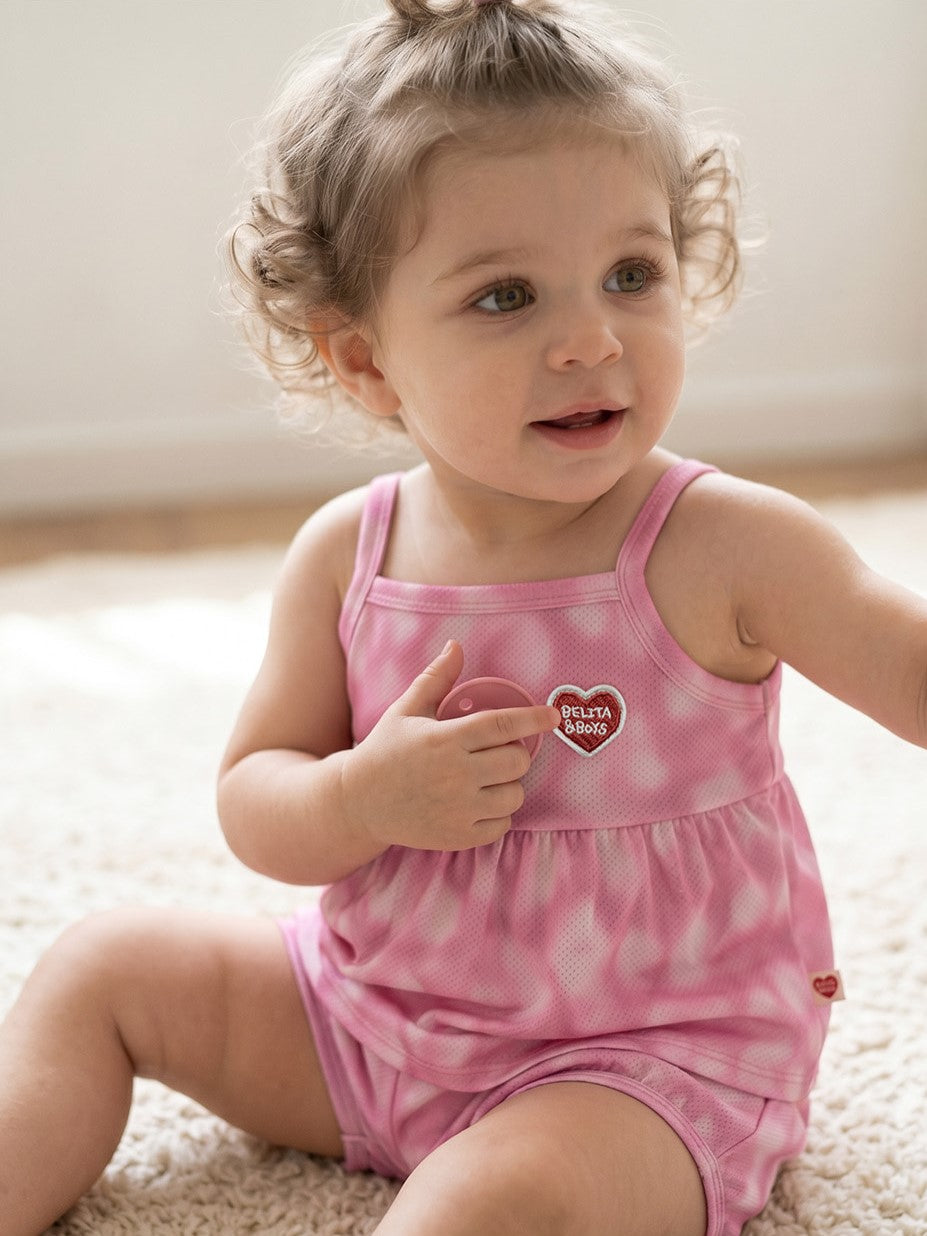 [BABY SET] Pink Water Dye Heart Pattern Mesh Sleeveless Shorts