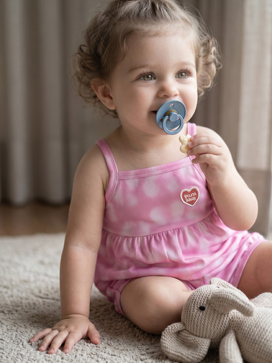 [BABY SET] Pink Water Dye Heart Pattern Mesh Sleeveless Shorts