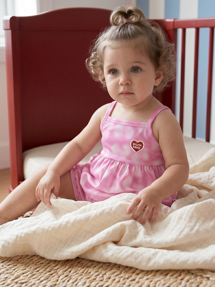 [BABY SET] Pink Water Dye Heart Pattern Mesh Sleeveless Shorts
