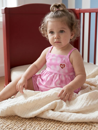 [BABY SET] Pink Water Dye Heart Pattern Mesh Sleeveless Shorts
