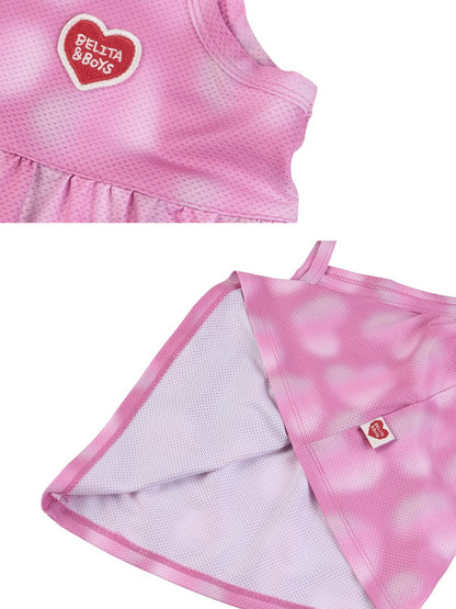 [BABY SET] Pink Water Dye Heart Pattern Mesh Sleeveless Shorts
