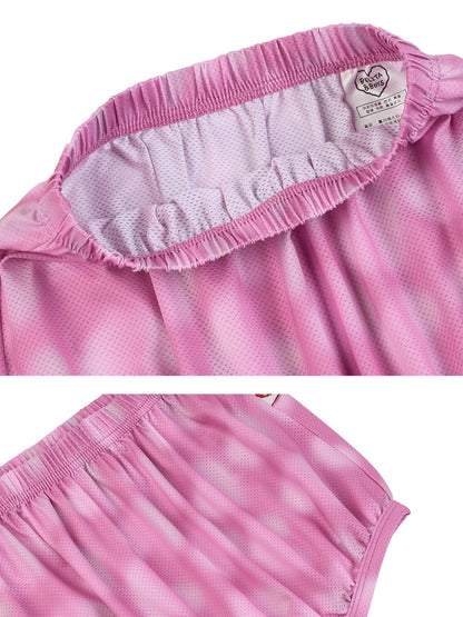 [BABY SET] Pink Water Dye Heart Pattern Mesh Sleeveless Shorts