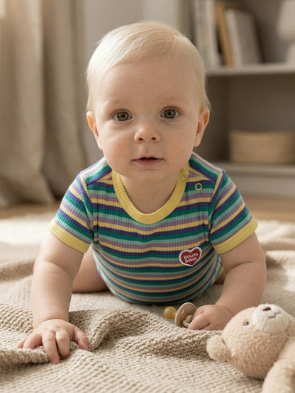 BABY Light Yellow Colorful Stripe Short Bodysuit