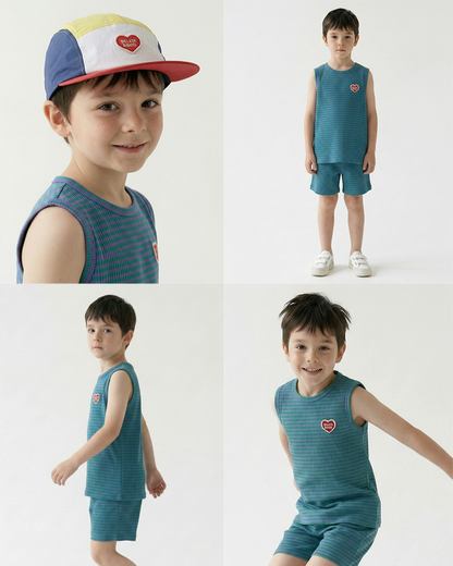 [SET] Green BB Heart Stripe Sleeveless Shorts
